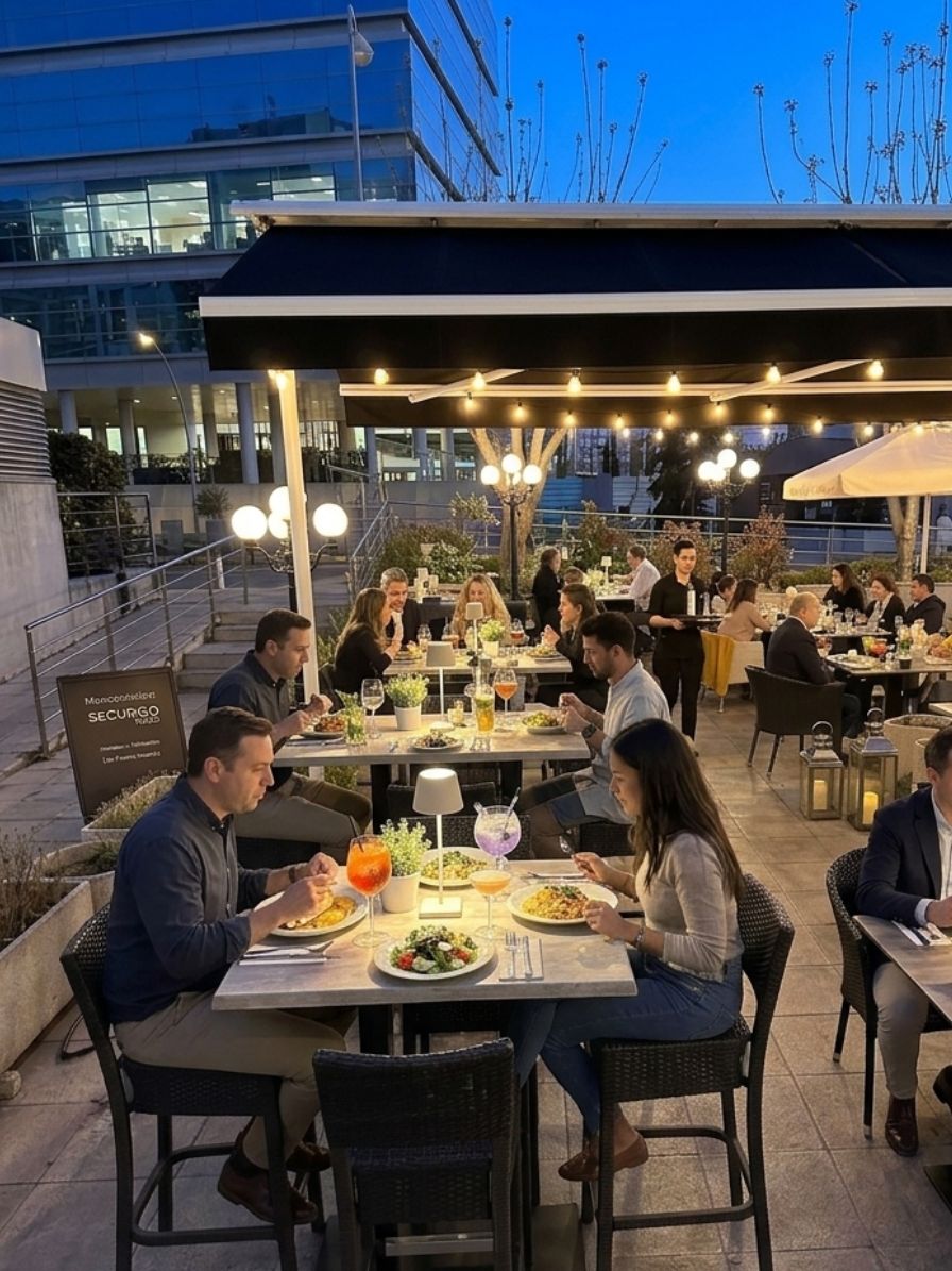 Cena en la terraza de Segundo Acto al atardecer